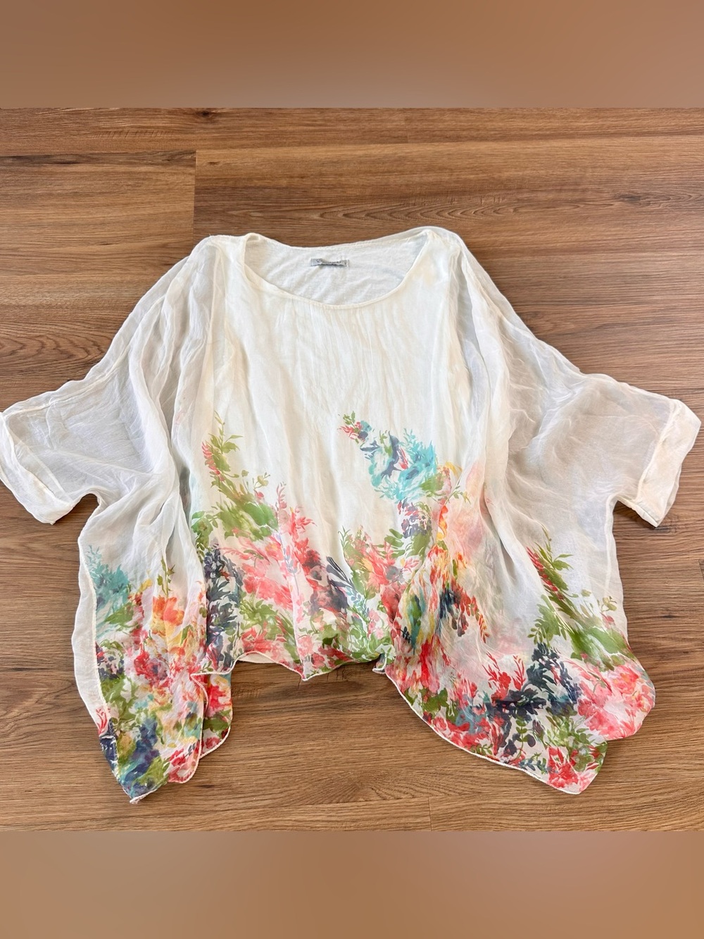 Elena Baldi Silk Poncho Ivory Floral Sheer Fairy Whimsy Blouse Small Italy Lined